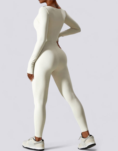 Bodycon Jumpsuit - Long Sleeve Leg Long - Beige