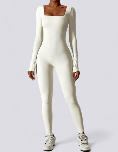 Bodycon Jumpsuit - Long Sleeve Leg Long - Beige