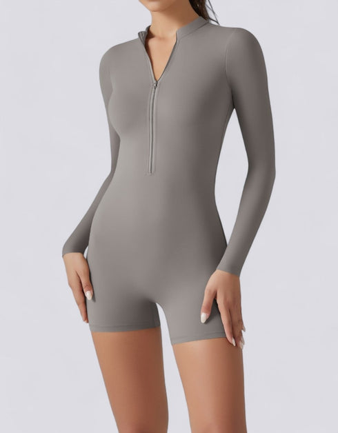 Bodycon Jumpsuit Shorts - Half Zipper - Long Sleeve - Light Grey