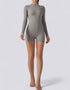 Bodycon Jumpsuit Shorts - Half Zipper - Long Sleeve - Light Grey