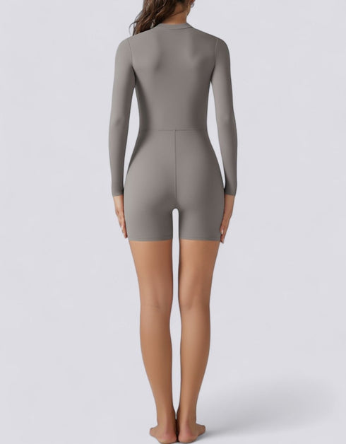 Bodycon Jumpsuit Shorts - Half Zipper - Long Sleeve - Light Grey
