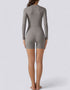 Bodycon Jumpsuit Shorts - Half Zipper - Long Sleeve - Light Grey