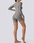 Bodycon Jumpsuit Shorts - Half Zipper - Long Sleeve - Light Grey
