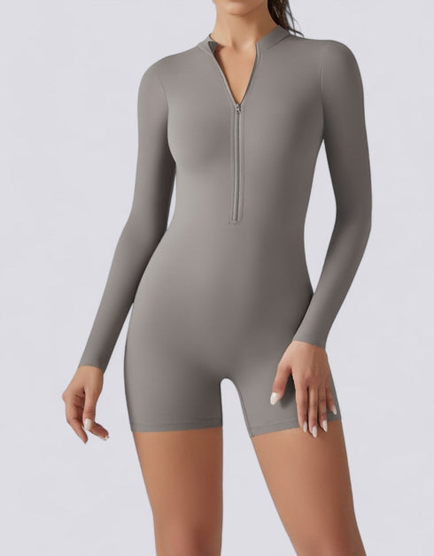 Bodycon Jumpsuit Shorts - Half Zipper - Long Sleeve - Light Grey
