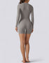 Bodycon Jumpsuit Shorts - Half Zipper - Long Sleeve - Light Grey