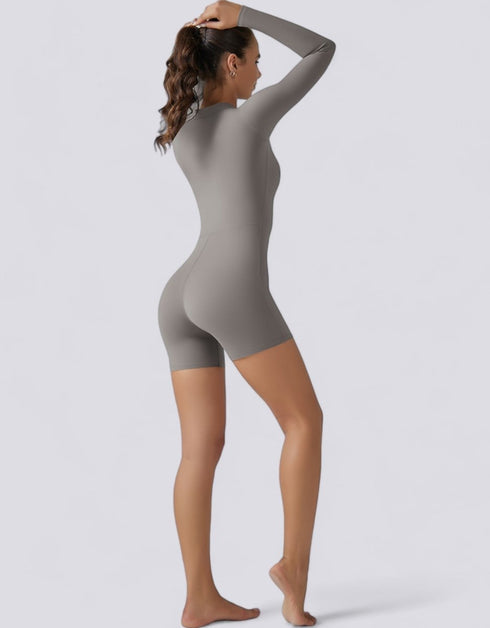 Bodycon Jumpsuit Shorts - Half Zipper - Long Sleeve - Light Grey