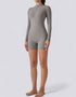 Bodycon Jumpsuit Shorts - Half Zipper - Long Sleeve - Light Grey