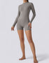 Bodycon Jumpsuit Shorts - Half Zipper - Long Sleeve - Light Grey