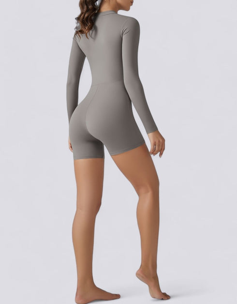 Bodycon Jumpsuit Shorts - Half Zipper - Long Sleeve - Light Grey