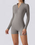 Bodycon Jumpsuit Shorts - Half Zipper - Long Sleeve - Light Grey