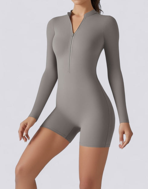 Bodycon Jumpsuit Shorts - Half Zipper - Long Sleeve - Light Grey