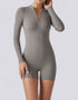 Bodycon Jumpsuit Shorts - Half Zipper - Long Sleeve - Light Grey