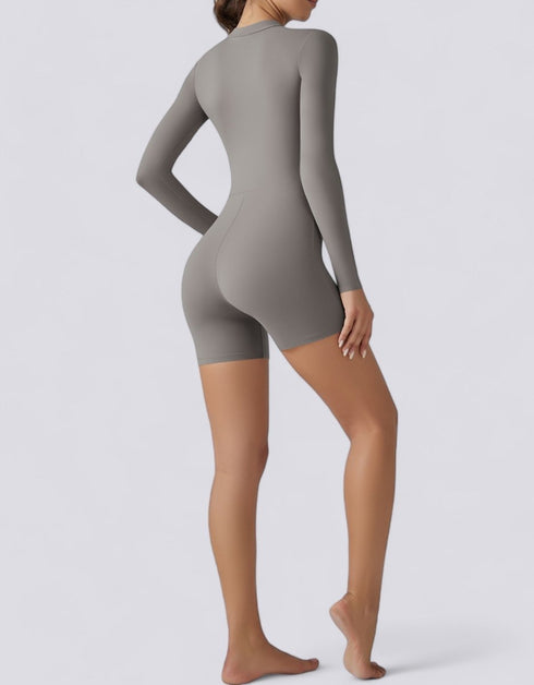 Bodycon Jumpsuit Shorts - Half Zipper - Long Sleeve - Light Grey