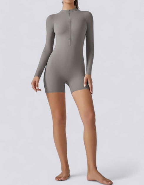 Bodycon Jumpsuit Shorts - Half Zipper - Long Sleeve - Light Grey