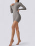 Bodycon Jumpsuit Shorts - Half Zipper - Long Sleeve - Light Grey