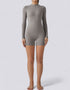 Bodycon Jumpsuit Shorts - Half Zipper - Long Sleeve - Light Grey