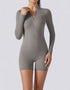 Bodycon Jumpsuit Shorts - Half Zipper - Long Sleeve - Light Grey