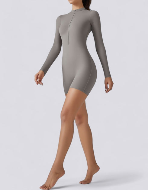 Bodycon Jumpsuit Shorts - Half Zipper - Long Sleeve - Light Grey