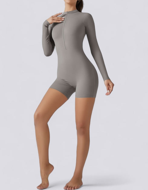 Bodycon Jumpsuit Shorts - Half Zipper - Long Sleeve - Light Grey