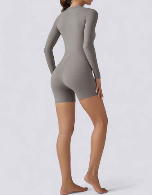 Bodycon Jumpsuit Shorts - Half Zipper - Long Sleeve - Light Grey