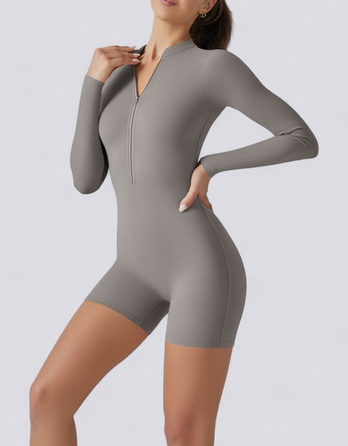 Bodycon Jumpsuit Shorts - Half Zipper - Long Sleeve - Light Grey