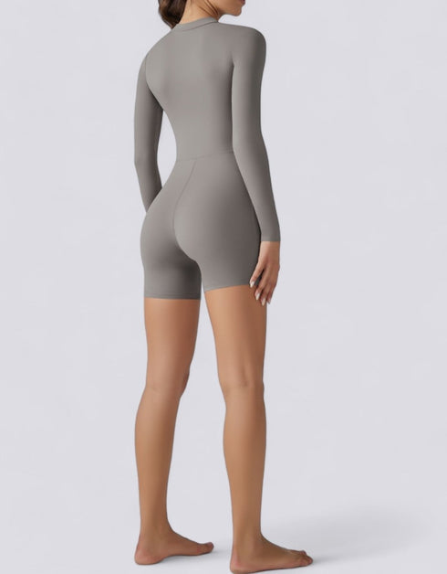 Bodycon Jumpsuit Shorts - Half Zipper - Long Sleeve - Light Grey