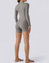 Bodycon Jumpsuit Shorts - Half Zipper - Long Sleeve - Light Grey