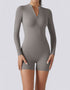 Bodycon Jumpsuit Shorts - Half Zipper - Long Sleeve - Light Grey