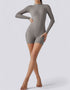 Bodycon Jumpsuit Shorts - Half Zipper - Long Sleeve - Light Grey