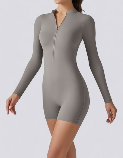 Bodycon Jumpsuit Shorts - Half Zipper - Long Sleeve - Light Grey
