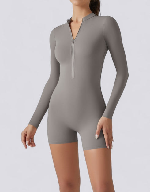 Bodycon Jumpsuit Shorts - Half Zipper - Long Sleeve - Light Grey