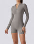 Bodycon Jumpsuit Shorts - Half Zipper - Long Sleeve - Light Grey