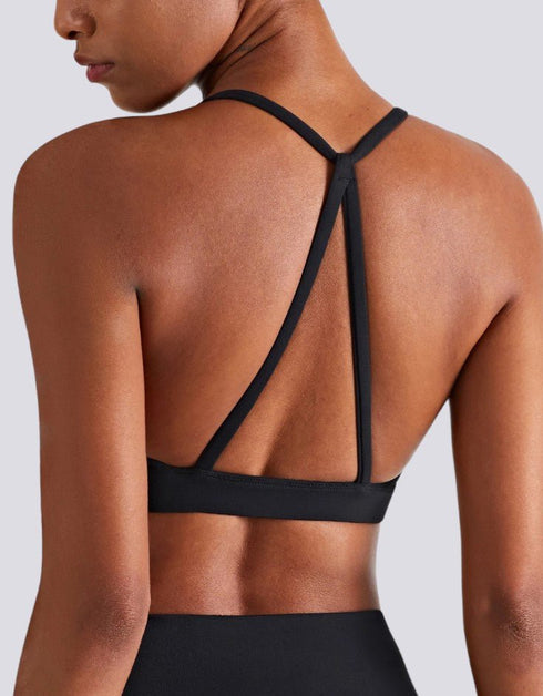 Fitness Sports Bra - Halter Neck - Open Back - Black