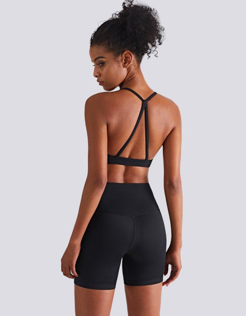 Fitness Sports Bra - Halter Neck - Open Back - Black