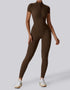 Font Zip-Up Activewear Jumpsuit - Coffee Brown