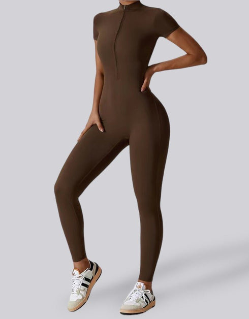 Font Zip-Up Activewear Jumpsuit - Coffee Brown