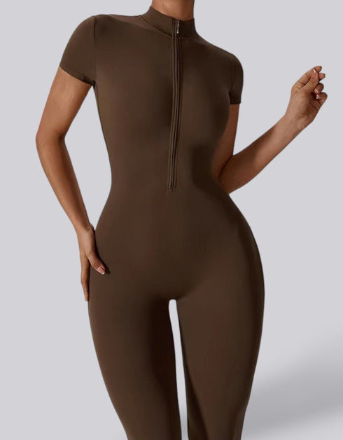 Font Zip-Up Activewear Jumpsuit - Coffee Brown