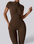 Font Zip-Up Activewear Jumpsuit - Coffee Brown