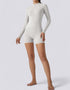 Half Zipper Jumpsuit Shorts Long Sleeve - Beige