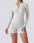 Half Zipper Jumpsuit Shorts Long Sleeve - Beige