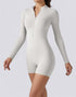 Half Zipper Jumpsuit Shorts Long Sleeve - Beige