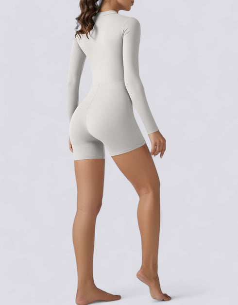 Half Zipper Jumpsuit Shorts Long Sleeve - Beige