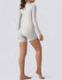 Half Zipper Jumpsuit Shorts Long Sleeve - Beige
