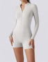 Half Zipper Jumpsuit Shorts Long Sleeve - Beige