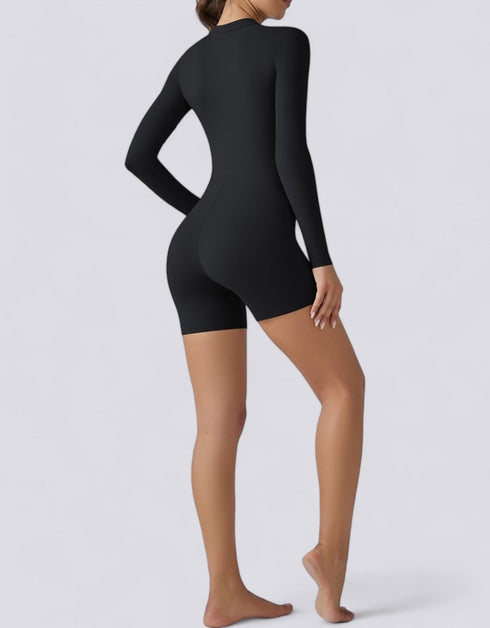 Jumpsuit Shorts Half Zipper Long Sleeve - Midnight Black