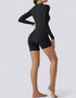 Jumpsuit Shorts Half Zipper Long Sleeve - Midnight Black