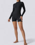 Jumpsuit Shorts Half Zipper Long Sleeve - Midnight Black