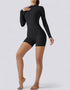 Jumpsuit Shorts Half Zipper Long Sleeve - Midnight Black
