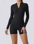 Jumpsuit Shorts Half Zipper Long Sleeve - Midnight Black
