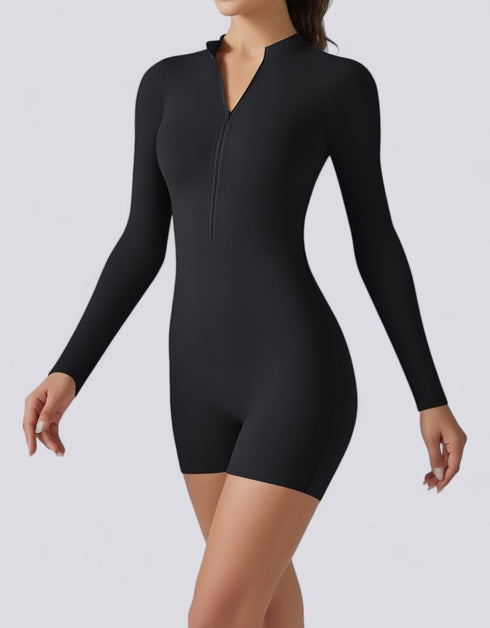 Jumpsuit Shorts Half Zipper Long Sleeve - Midnight Black